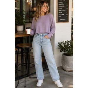 Habit Lavender Ribbed Knit Cropped Long Sleeve Sweater Top Purple Womens Medium